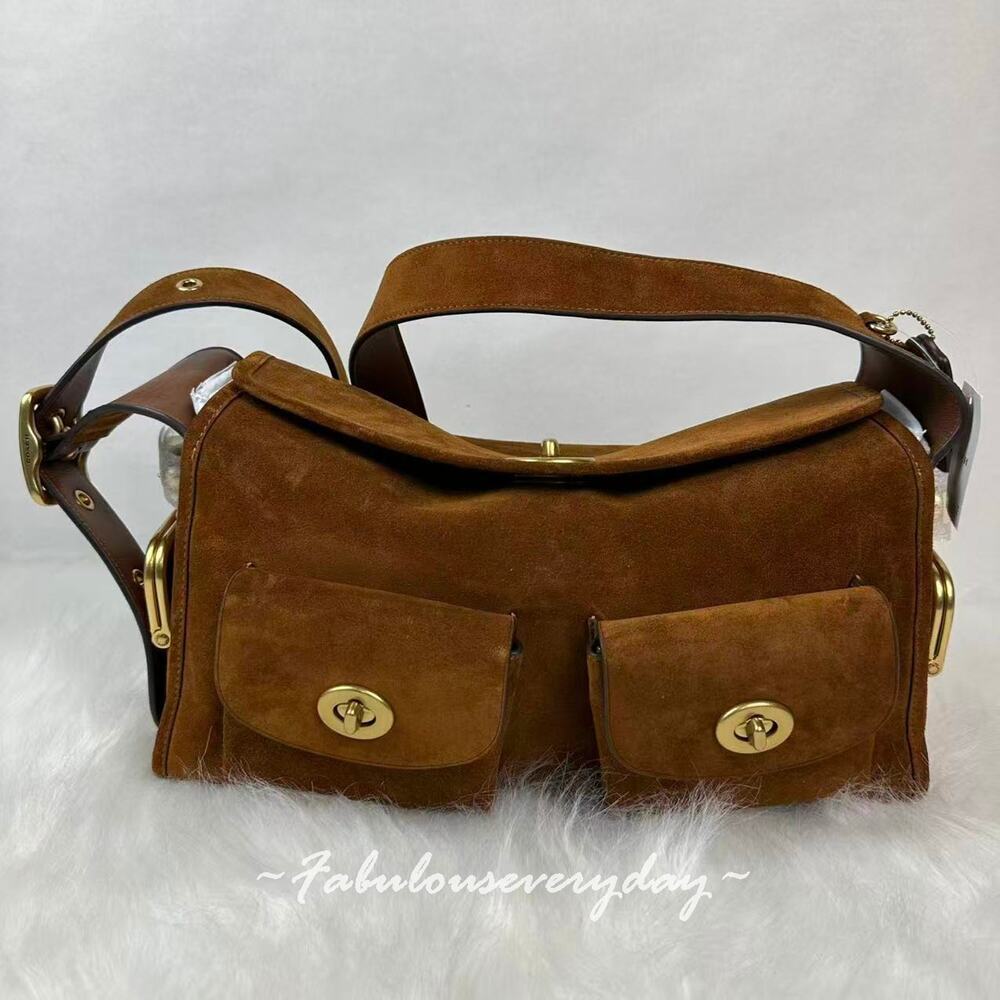 Coach Turnlock Haversack Bag Shoulder/Crossbody Suede Brass/Warm Brown CDZ13 NWT
